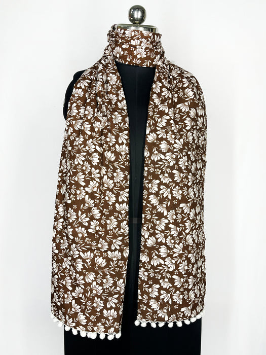 Pom-pom trim with a brown and white floral print scarf 22x72 Inch