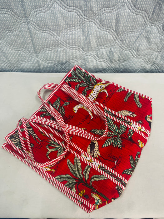 Handmade Red Quilted Block Print Travel Bag Set – Tote with 3 Pouches