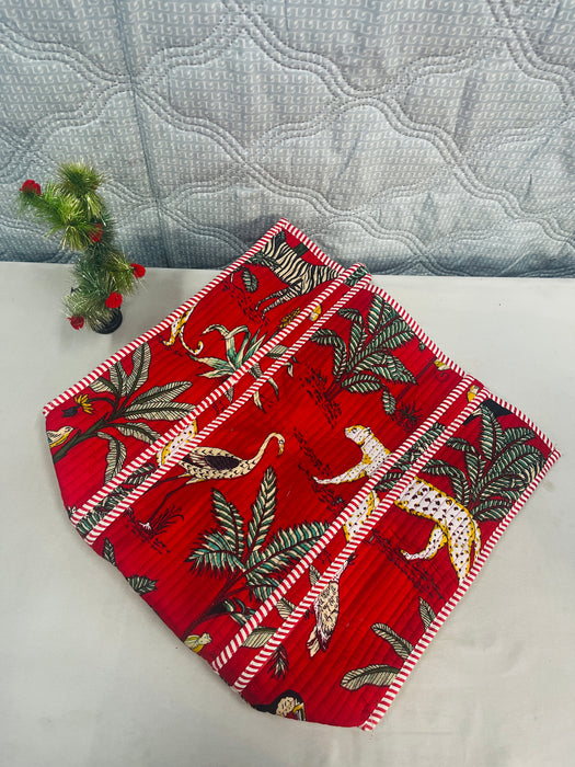 Handmade Red Quilted Block Print Travel Bag Set – Tote with 3 Pouches