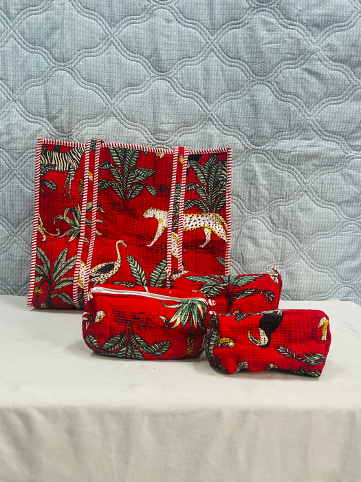 Handmade Red Quilted Block Print Travel Bag Set – Tote with 3 Pouches