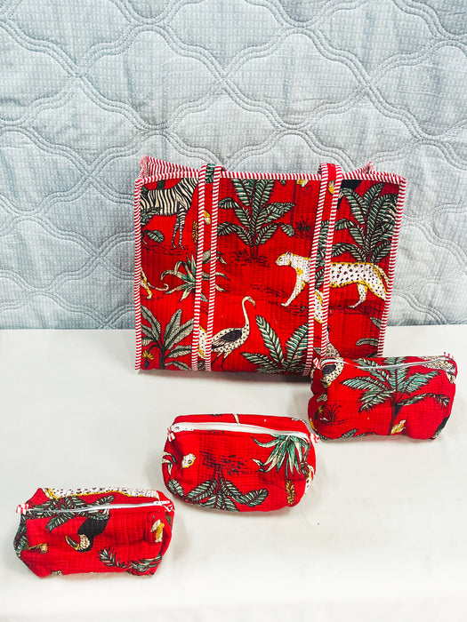 Handmade Red Quilted Block Print Travel Bag Set – Tote with 3 Pouches