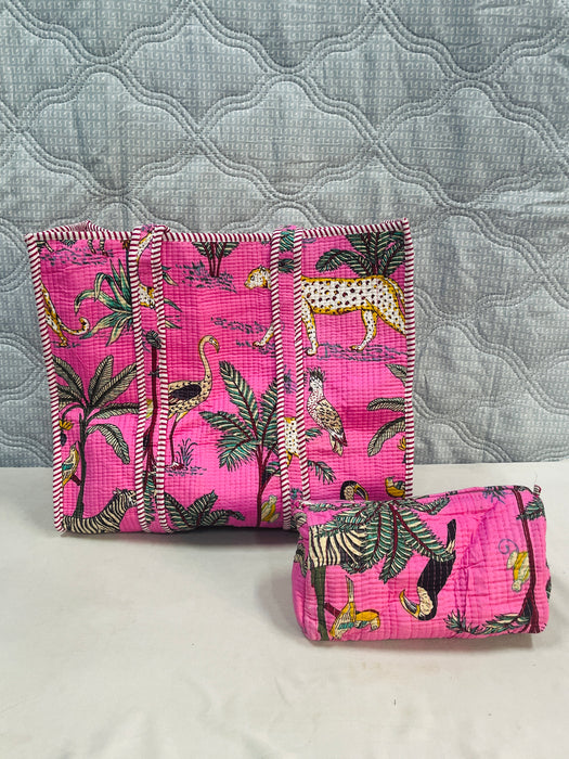 Handmade Pink Quilted Travel Bag Set – Tote with 3 Pouch Organizers