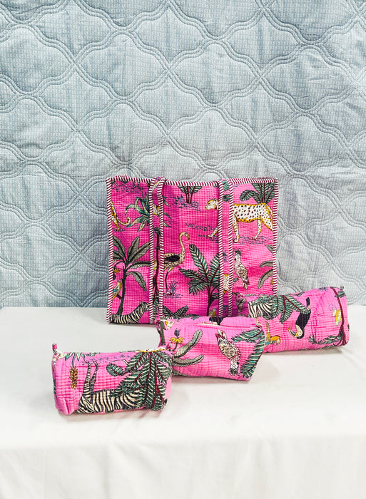 Handmade Pink Quilted Travel Bag Set – Tote with 3 Pouch Organizers
