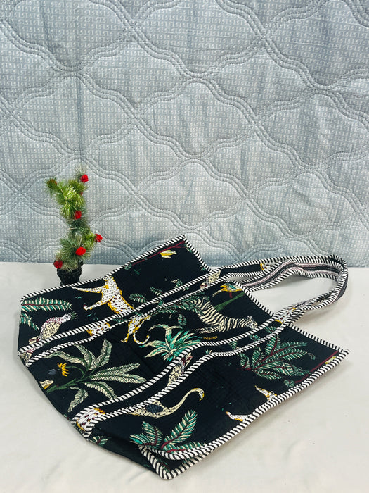 Handmade Jungle Print Travel Bag with 3 Pouches | Cotton Tote & Makeup Organizer Set