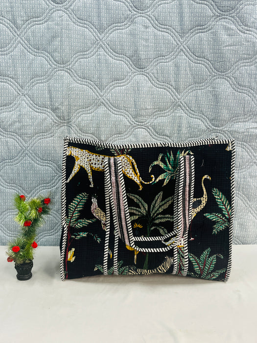 Handmade Jungle Print Travel Bag with 3 Pouches | Cotton Tote & Makeup Organizer Set