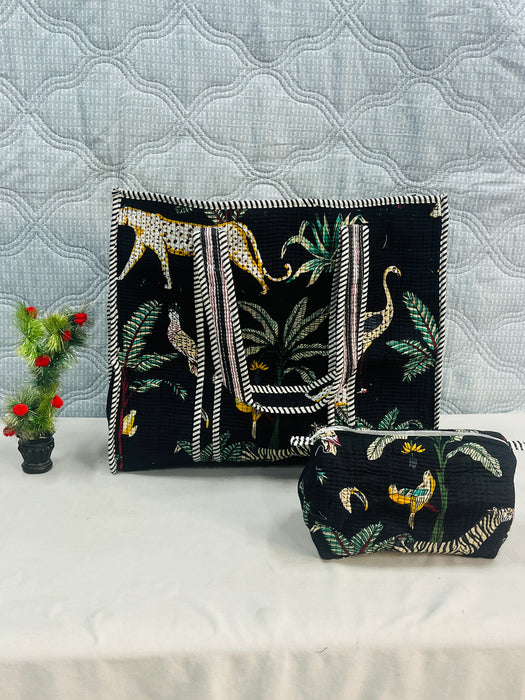 Handmade Jungle Print Travel Bag with 3 Pouches | Cotton Tote & Makeup Organizer Set