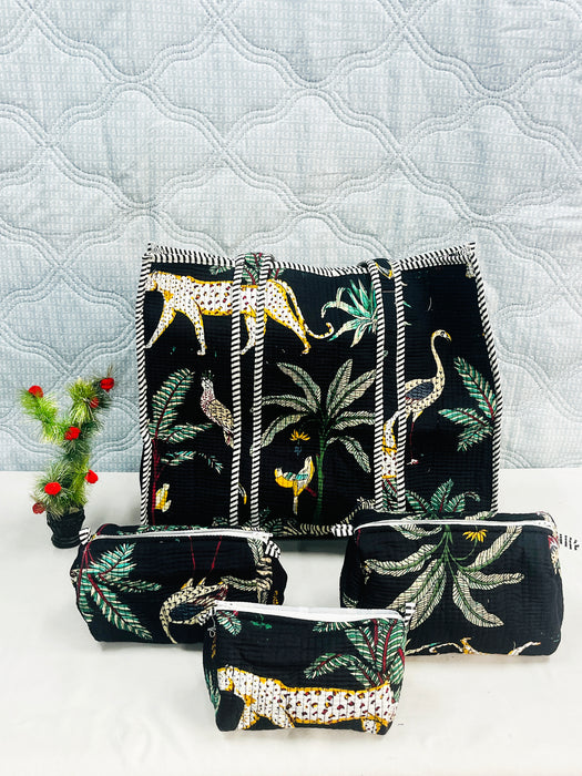Handmade Jungle Print Travel Bag with 3 Pouches | Cotton Tote & Makeup Organizer Set
