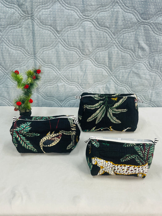 Handmade Jungle Print Travel Bag with 3 Pouches | Cotton Tote & Makeup Organizer Set