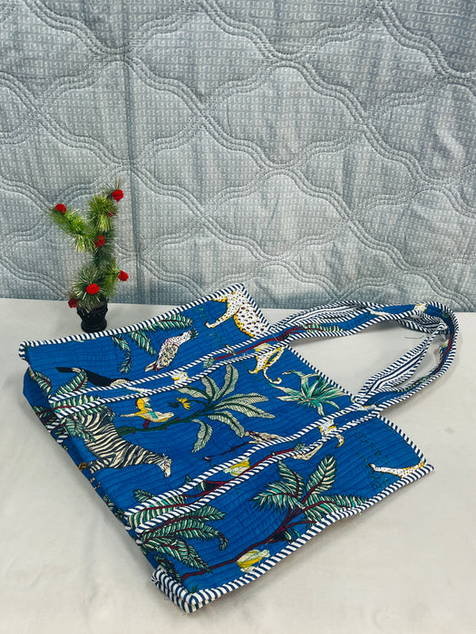 Handmade Blue Jungle Print Travel Bag with 3 Pouches | Cotton Tote & Makeup Organizer Set