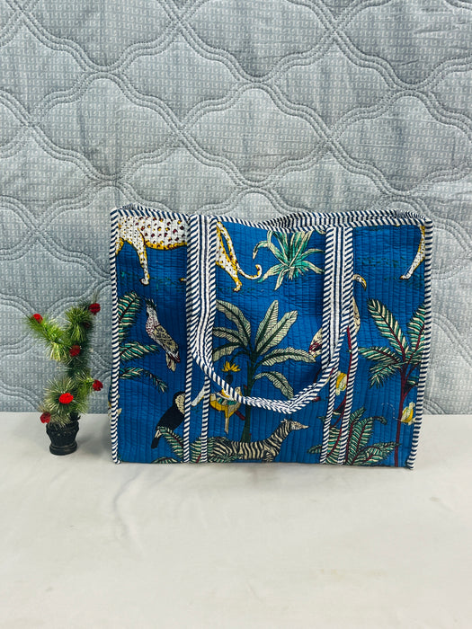 Handmade Blue Jungle Print Travel Bag with 3 Pouches | Cotton Tote & Makeup Organizer Set