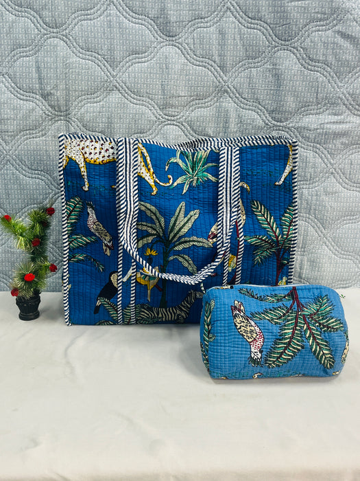 Handmade Blue Jungle Print Travel Bag with 3 Pouches | Cotton Tote & Makeup Organizer Set