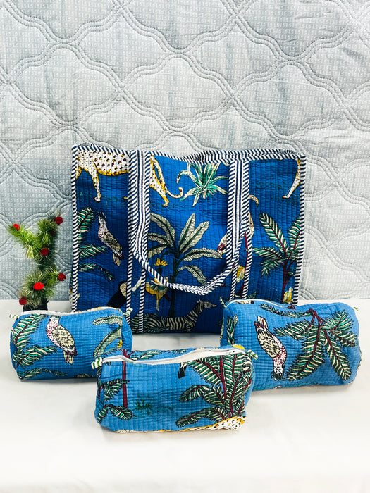 Handmade Blue Jungle Print Travel Bag with 3 Pouches | Cotton Tote & Makeup Organizer Set