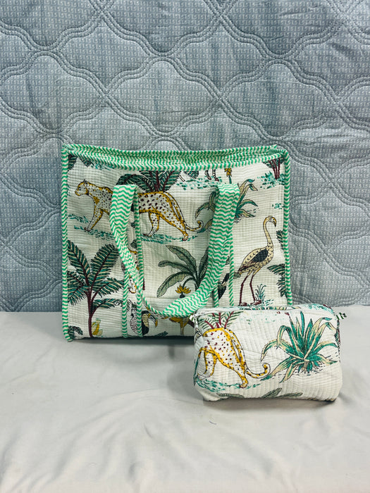 Handmade Block Print Travel Bag Set – Tote with 3 Pouch Organizers