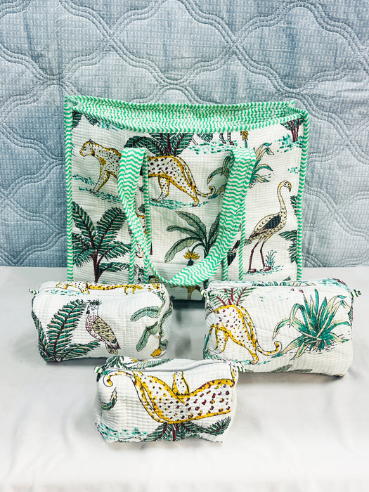 Handmade Block Print Travel Bag Set – Tote with 3 Pouch Organizers