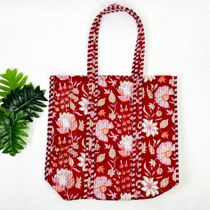 Red Floral Print Tote Bag 100% Cotton Shopping Bag from Marika Textiles