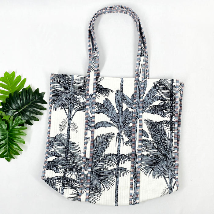 Quilted Cotton Reversible Grey White Tote Bag Eco friendly Shopping Bag, Handbag, Tree Print Tote Bag