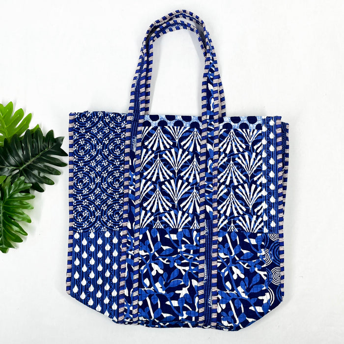 Handmade Cotton Blue Patch Print reversible Shopping Bag,Tote Bag,Large Shopping Bag,Quilted Tote Bag