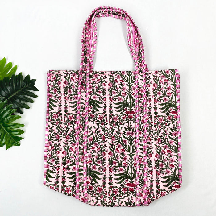 Traditional style Baby Pink Floral Print Tote Bag, 100% Pure Cotton, Eco-Friendly & Multi-Purpose Bag