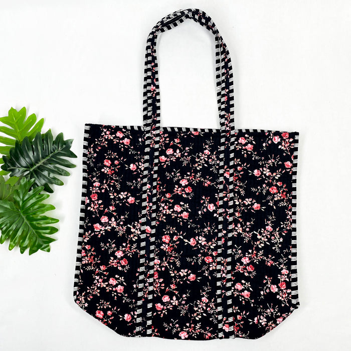 Black & Pink Floral Print Tote Bag – Perfect for Everyday Adventures