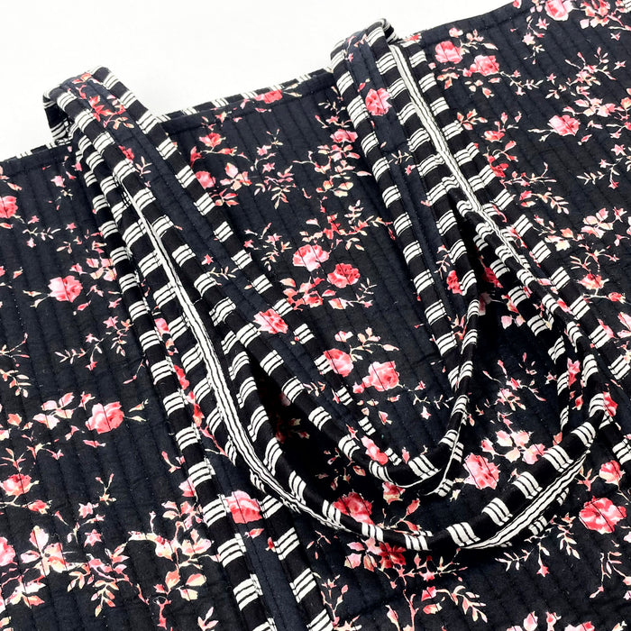 Black & Pink Floral Print Tote Bag – Perfect for Everyday Adventures