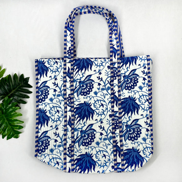 Floral Print Cotton Quilted Bag, Indian Handmade Bag, Women Shopping Bag, Beach Bag, White Shoulder Bag