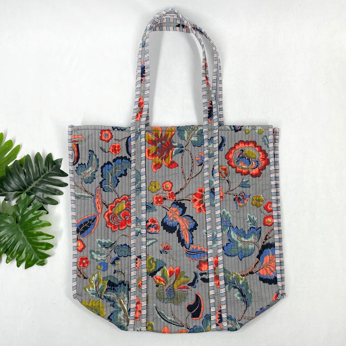 100% Cotton Quilted Tote Bags, Reversible Floral Print Bags, Women's Shopping Bag with Inside Pocket