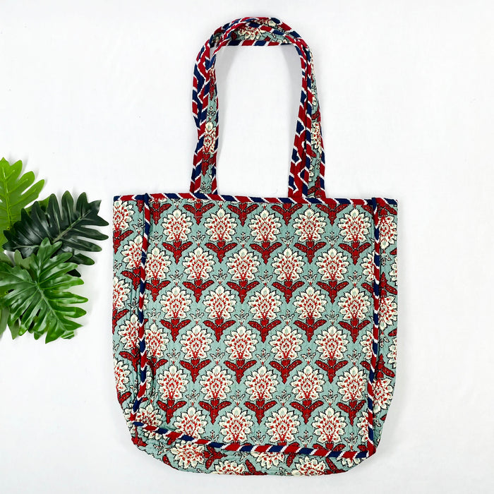 Handmade Cotton Green Floral Print reversible Shopping Bag, Large Shopping Bag,Quilted Tote Bag