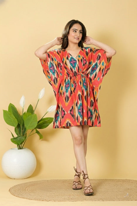 One Size Orange Cotton Kaftan Gown for Women from Marika Textiles