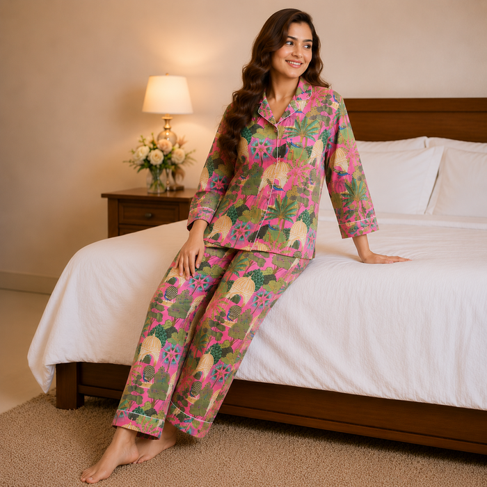 Pink Tropical Cotton Night Suit Set with Eye Mask for Women | Full Sleeve Pajama Set