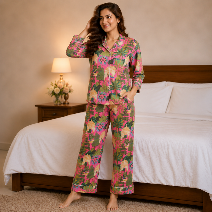 Pink Tropical Cotton Night Suit Set with Eye Mask for Women | Full Sleeve Pajama Set