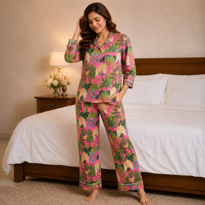 Pink Tropical Cotton Night Suit Set with Eye Mask for Women | Full Sleeve Pajama Set