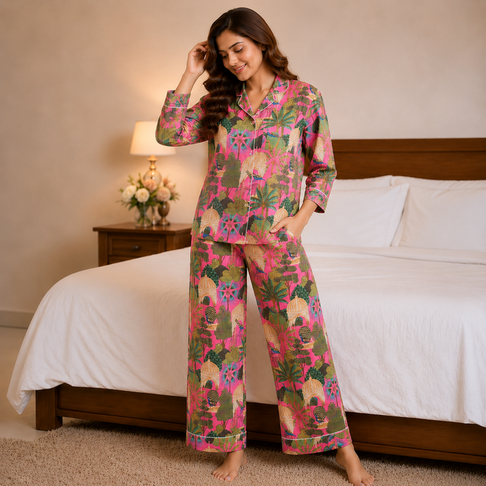 Pink Tropical Cotton Night Suit Set with Eye Mask for Women | Full Sleeve Pajama Set