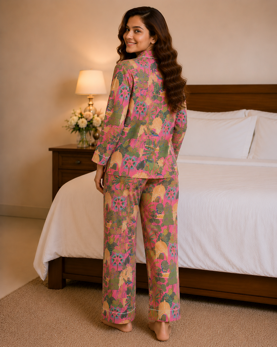 Pink Tropical Cotton Night Suit Set with Eye Mask for Women | Full Sleeve Pajama Set