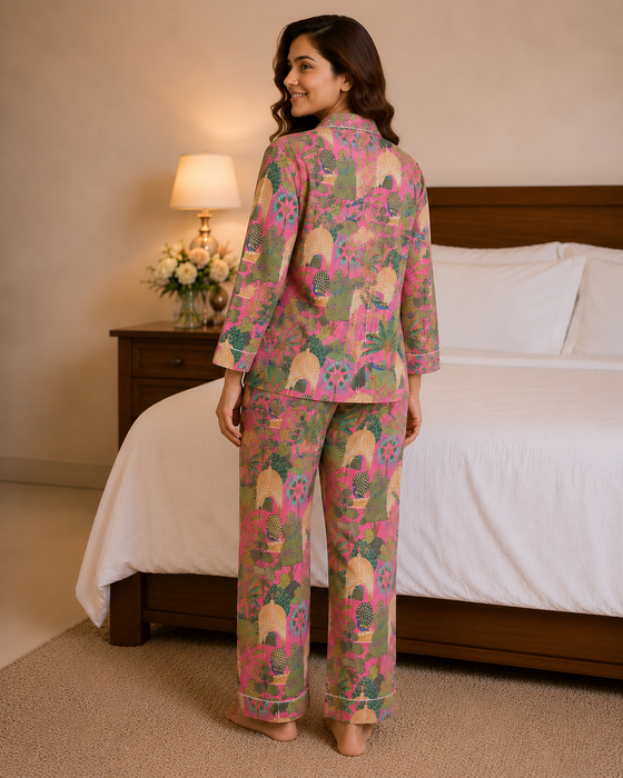 Pink Tropical Cotton Night Suit Set with Eye Mask for Women | Full Sleeve Pajama Set