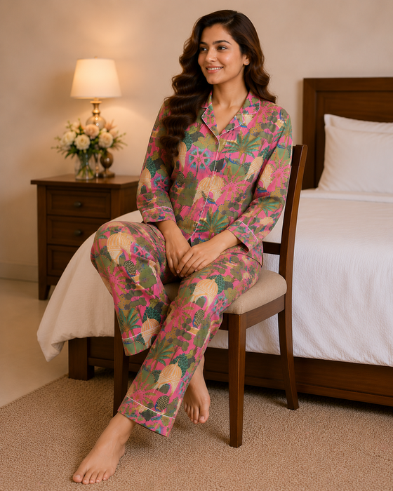 Pink Tropical Cotton Night Suit Set with Eye Mask for Women | Full Sleeve Pajama Set