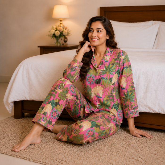 Pink Tropical Cotton Night Suit Set with Eye Mask for Women | Full Sleeve Pajama Set