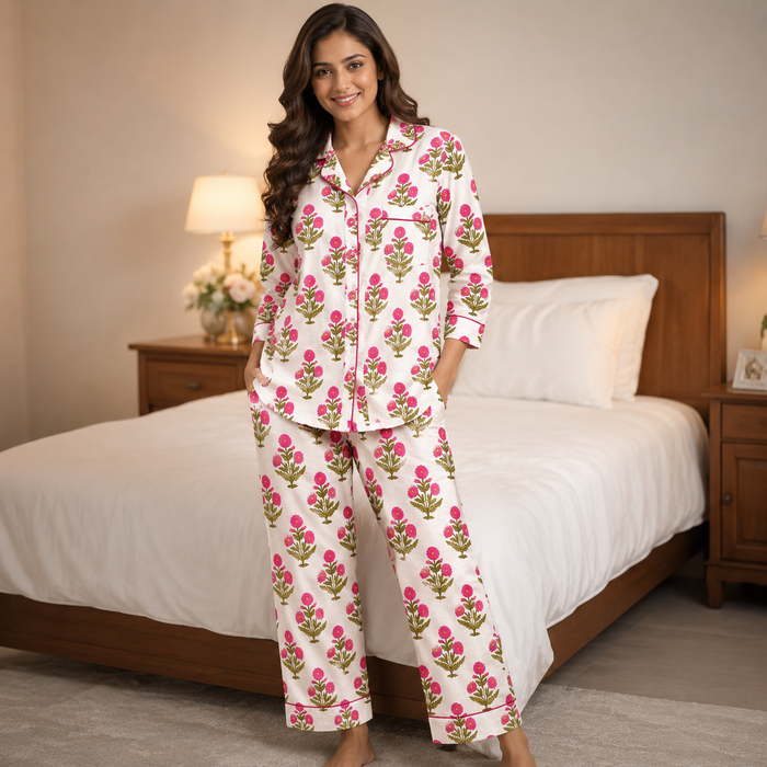 Women’s Pink Floral Print Cotton Night Suit Set | Soft Full Sleeve Button-Down Pajama Set