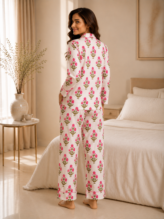 Women’s Pink Floral Print Cotton Night Suit Set | Soft Full Sleeve Button-Down Pajama Set