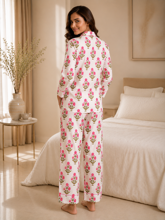 Women’s Pink Floral Print Cotton Night Suit Set | Soft Full Sleeve Button-Down Pajama Set