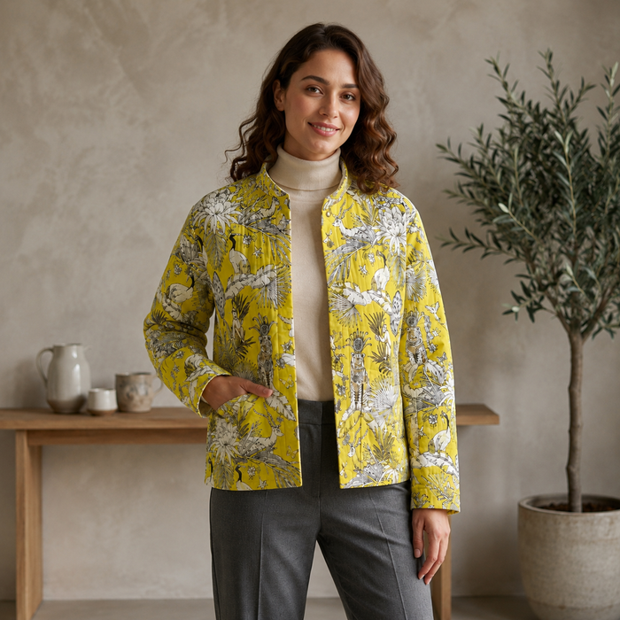 Women’s Tropical Printed Quilted Jacket with Full Sleeves