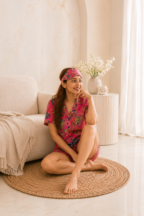 Floral & Bird Printed Sleepwear - Handmade Cotton Night Dress with Eyemask and Scrunchie