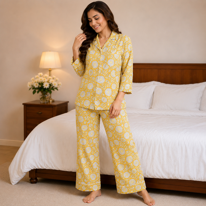 Yellow Floral Cotton Pajama Set, Block Print Sleepwear