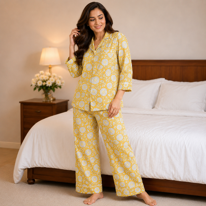 Yellow Floral Cotton Pajama Set, Block Print Sleepwear
