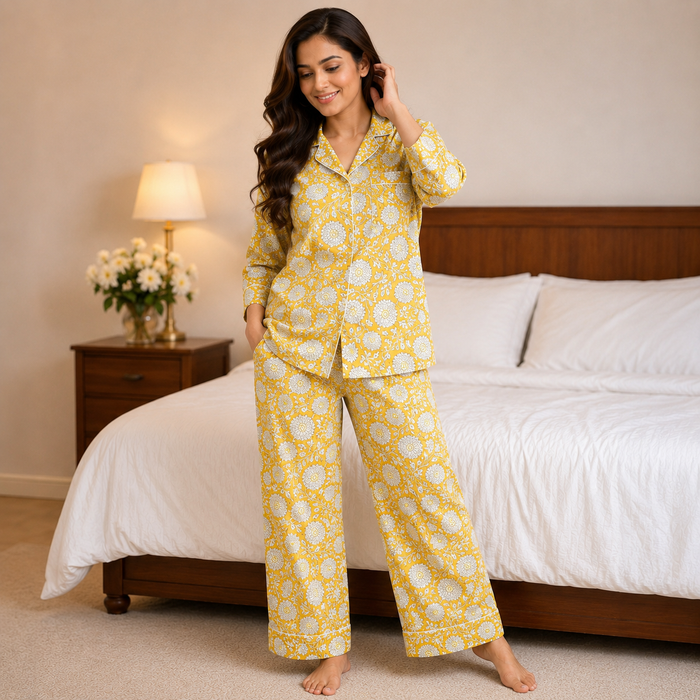 Yellow Floral Cotton Pajama Set, Block Print Sleepwear