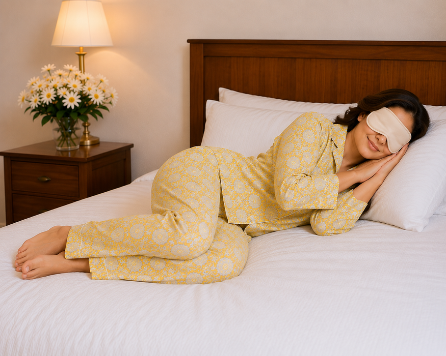 Yellow Floral Cotton Pajama Set, Block Print Sleepwear