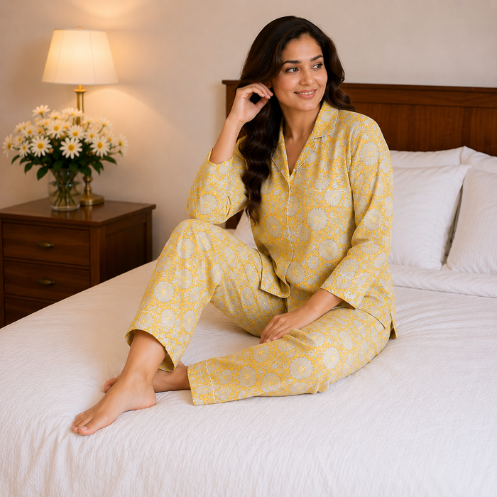 Yellow Floral Cotton Pajama Set, Block Print Sleepwear