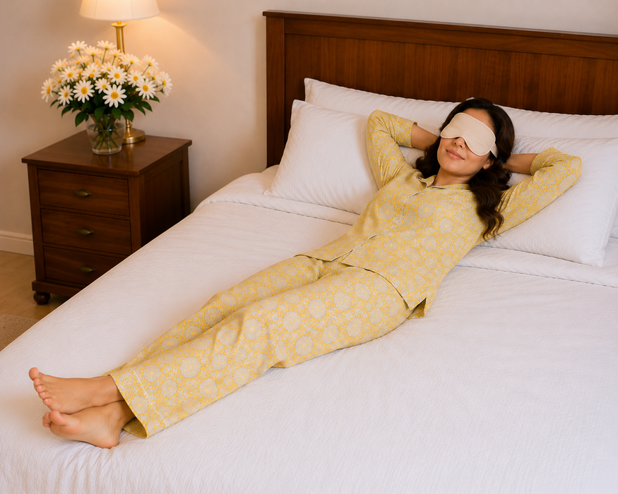 Yellow Floral Cotton Pajama Set, Block Print Sleepwear