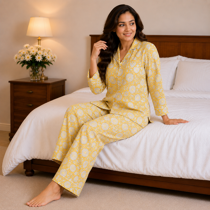Yellow Floral Cotton Pajama Set, Block Print Sleepwear