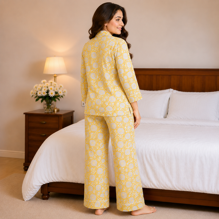 Yellow Floral Cotton Pajama Set, Block Print Sleepwear