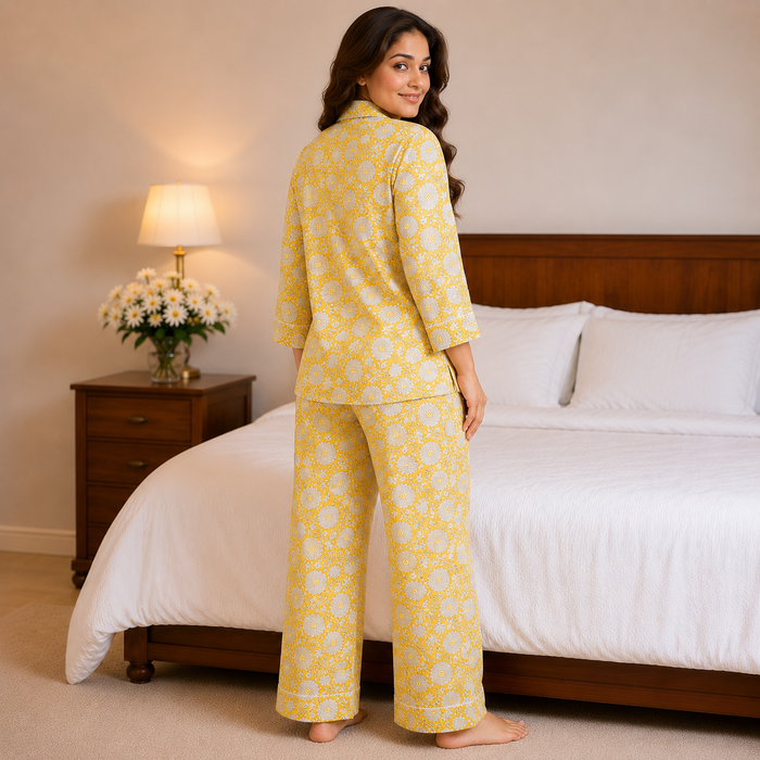 Yellow Floral Cotton Pajama Set, Block Print Sleepwear